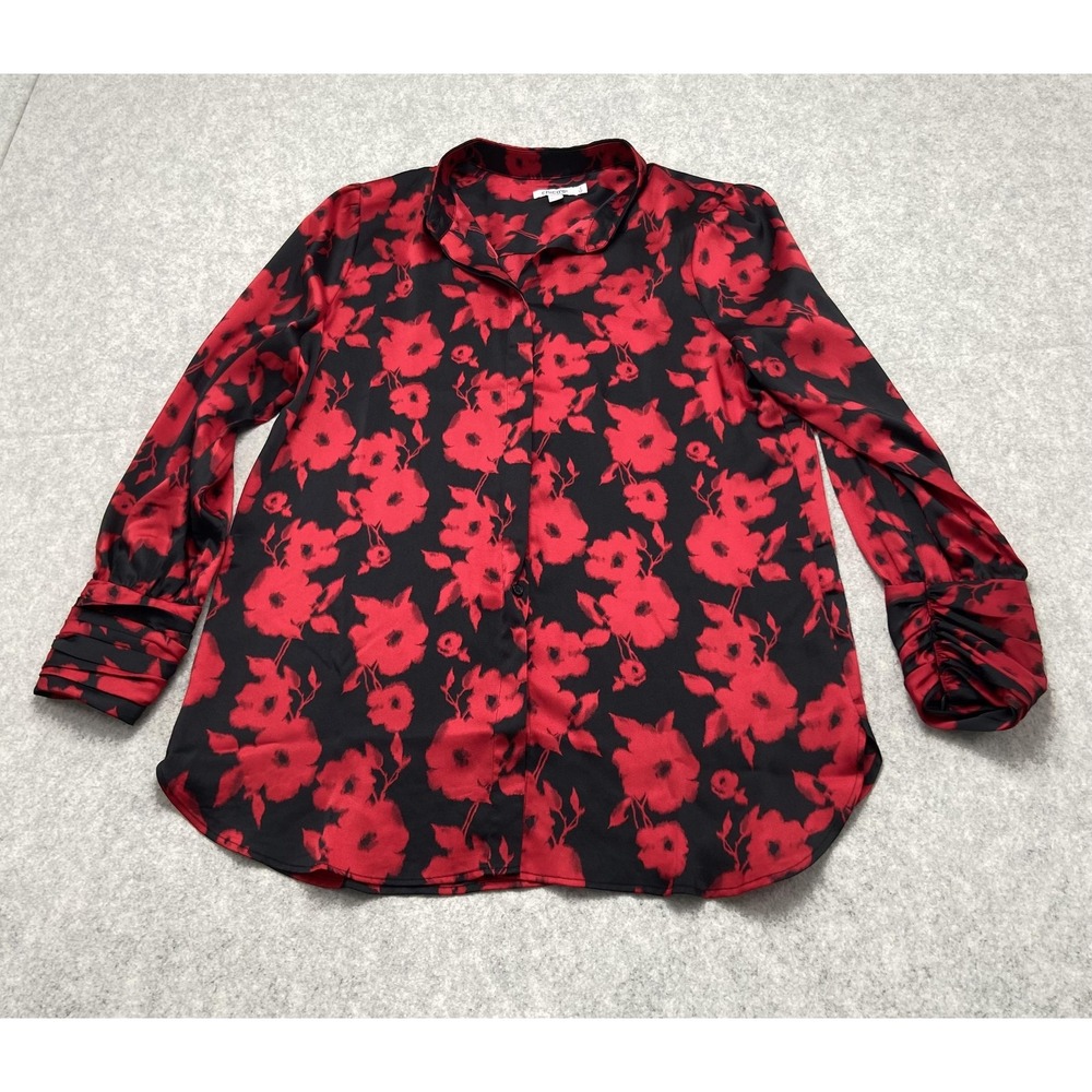 Chico's Blouse Womens 12 Red Black Floral Collared Satin Tunic Long Sleeve
